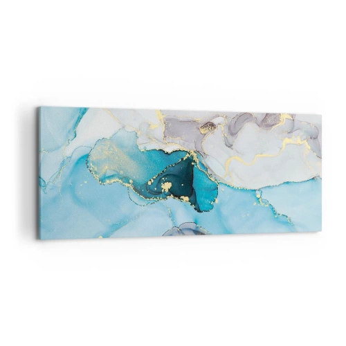 Obraz na płótnie - Abstrakcja w odcieniach błękitu i złota z subtelnymi liniami - 120x50cm - Studium spotkania szarości z turkusem - Nowoczesna dekoracja ścienna do salonu i sypialni ARTTOR