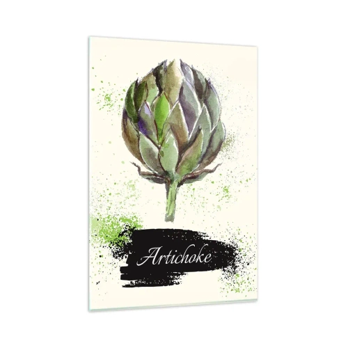 Obraz na szkle - Akwarelowy karczoch z napisem na jasnym tle z zielonymi akcentami - 80x120cm - Eviva warzywa! - Nowoczesna dekoracja ścienna do salonu i sypialni ARTTOR