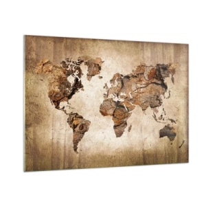 Obraz na szkle - Mapa świata w brązowych odcieniach imitująca drewno - 100x70cm - Odkrycie świata - Nowoczesna dekoracja ścienna do salonu, kuchni i sypialni ARTTOR