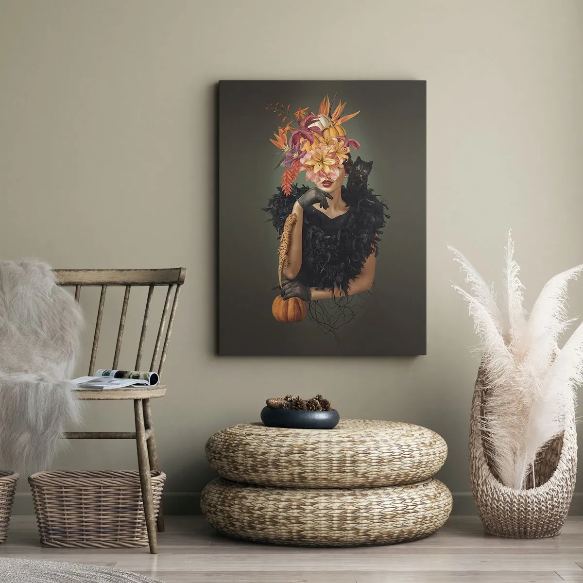 Obraz na płótnie - Kobieta w czarnej stylizacji z kwiatową koroną, dynią i czarnym kotem - 50x70cm - Czar wiedźmy - Nowoczesna dekoracja ścienna do salonu, kuchni i sypialni ARTTOR