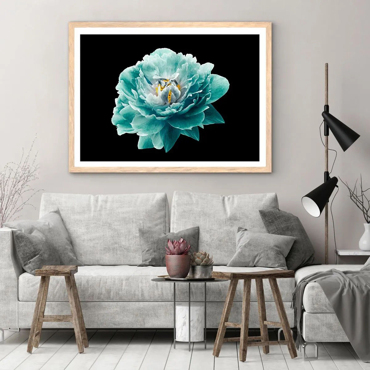 Plakat w ramie jasny dąb - Płatki błękitne i złote - 100x70 cm