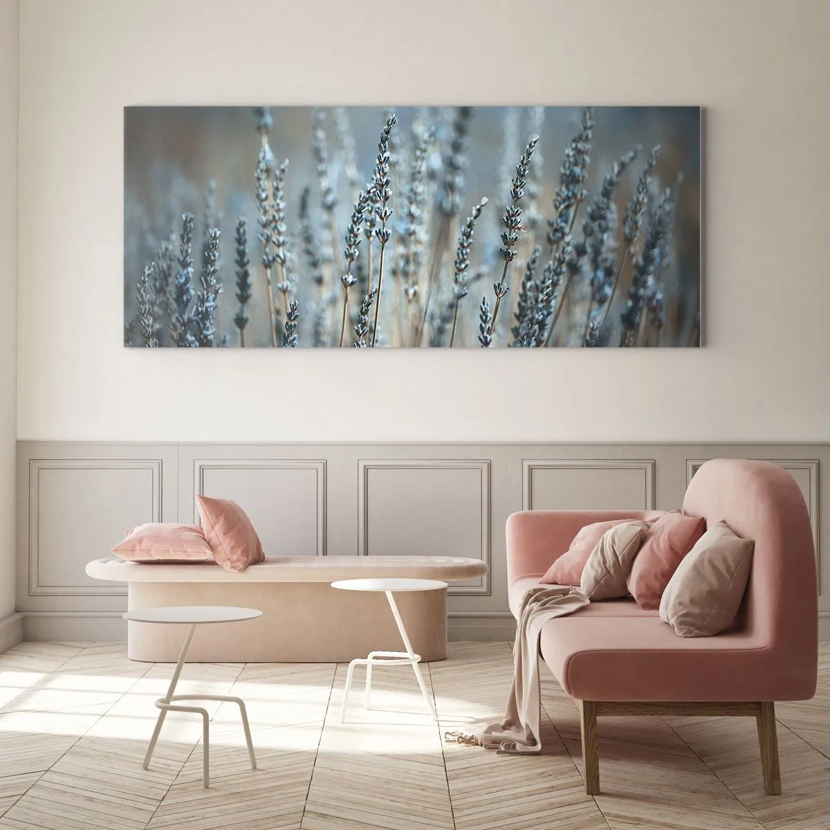 Obraz na szkle - Lawenda na polu w subtelnej pastelowej tonacji - 120x50cm - Pachnący łan - Nowoczesna dekoracja ścienna do salonu i sypialni ARTTOR