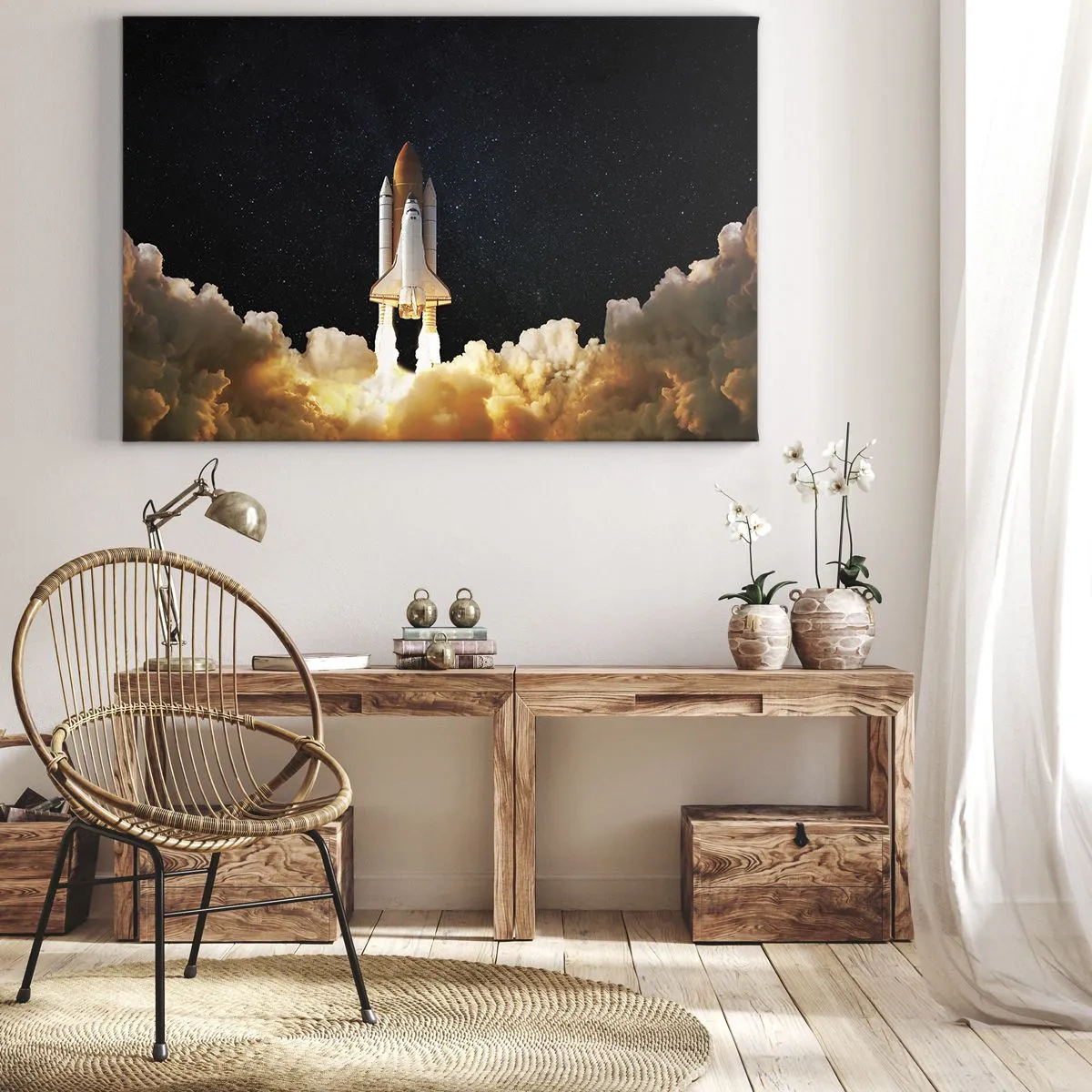 Obraz na płótnie - Startująca rakieta kosmiczna na tle gwiaździstego nieba - 70x50cm - Ad astra! - Nowoczesna dekoracja ścienna do salonu i sypialni ARTTOR