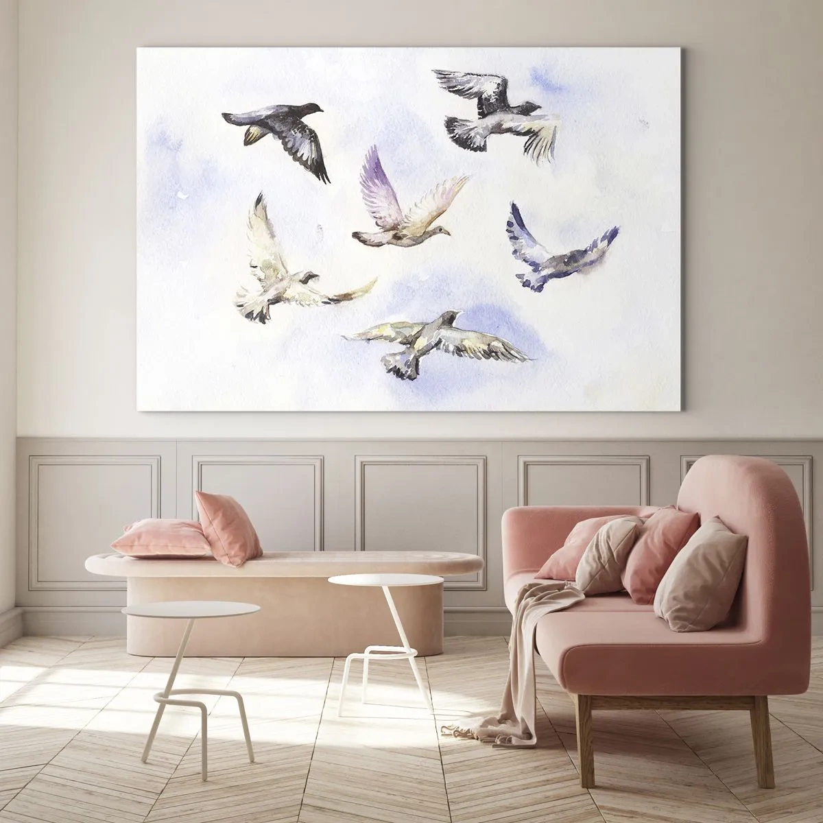 Obraz na szkle - Ptaki w locie na tle jasnego nieba - 70x50cm - Wolność w szarości i błękicie - Nowoczesna dekoracja ścienna do salonu i sypialni ARTTOR