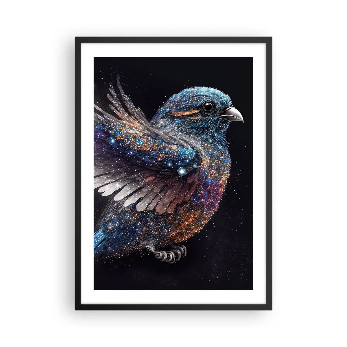 Plakat w czarnej ramie - Kosmiczny ptak z gwiezdnym upierzeniem na czarnym tle - 50x70cm - Diamentowy wróbel - Nowoczesna dekoracja ścienna do salonu i sypialni ARTTOR