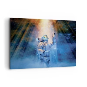 Obraz na płótnie - Astronauta w świetle kosmicznej eksplozji pełnej gwiazd - 100x70cm - Wreszcie u celu - Nowoczesna dekoracja ścienna do salonu, kuchni i sypialni ARTTOR