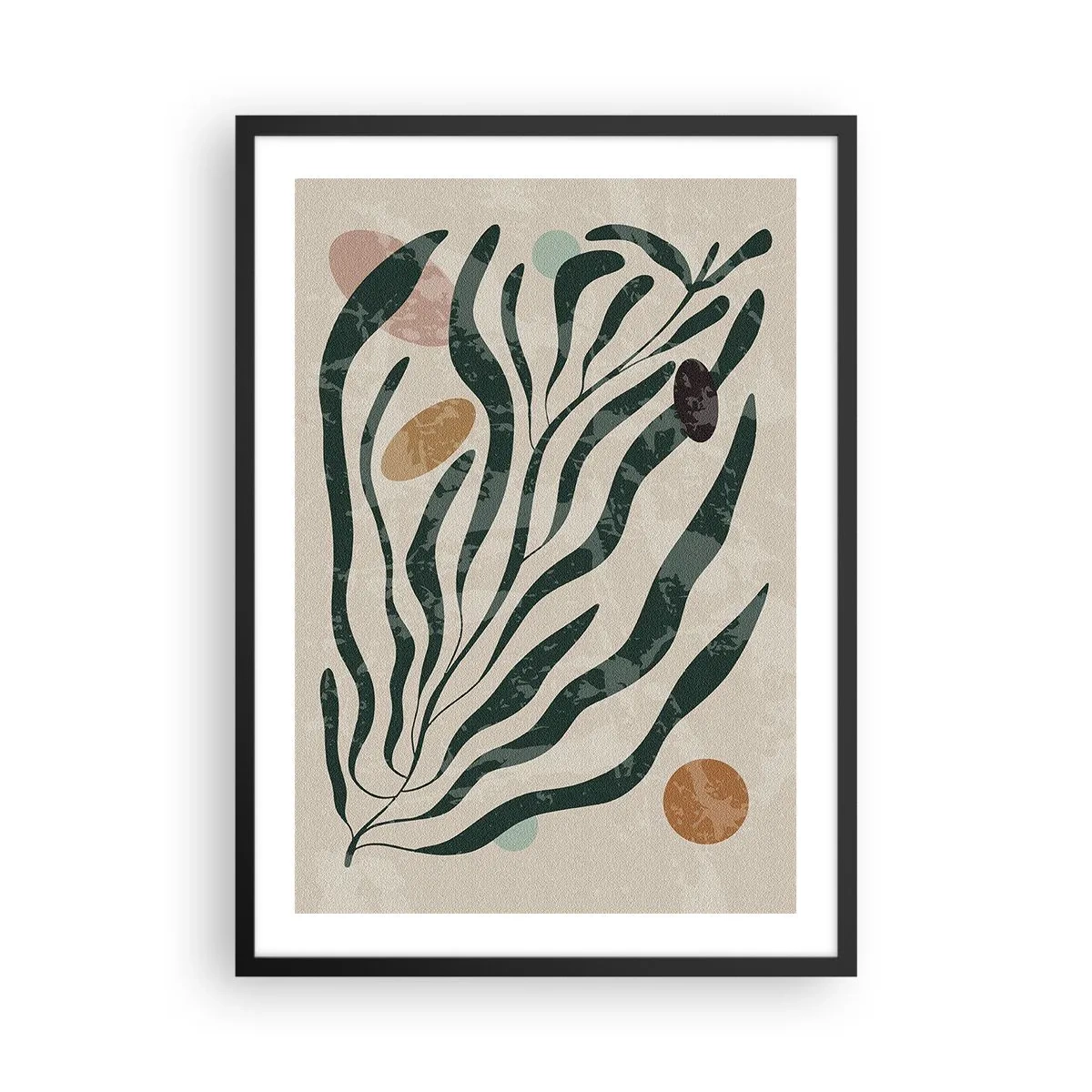 Plakat w czarnej ramie - Abstrakcyjna roślinna kompozycja w zieleni i beżu - 50x70cm - Pośród zieleni - Nowoczesna dekoracja ścienna do salonu i sypialni ARTTOR
