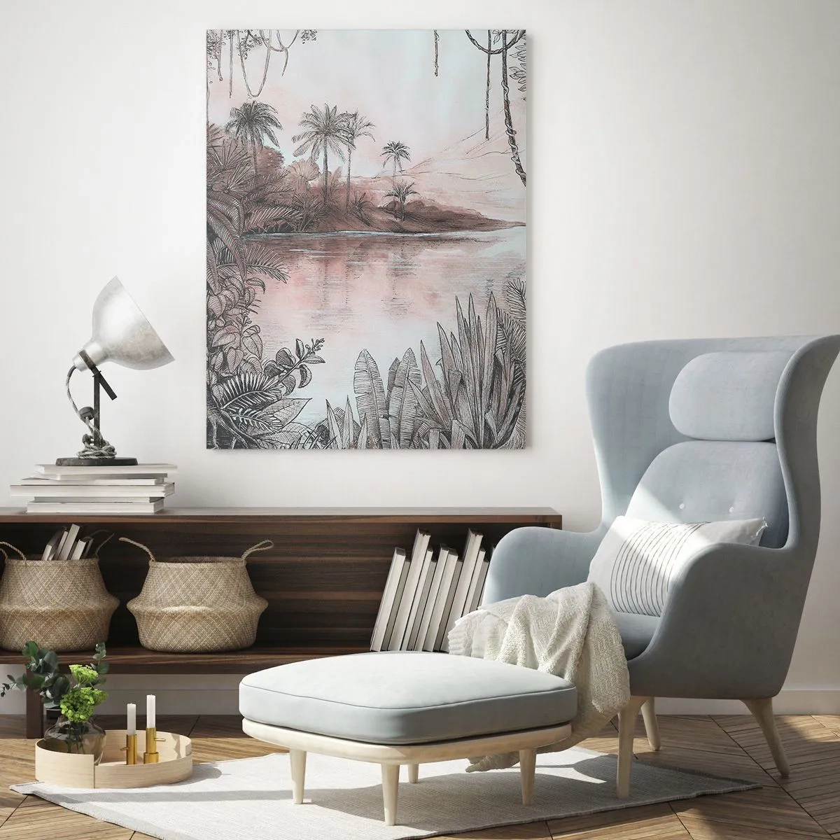 Obraz na szkle - Rysunkowy pejzaż tropikalny w stylu vintage z palmami i wodą - 80x120cm - XIX-wieczny pamiętnik odkrywcy - Nowoczesna dekoracja ścienna do salonu i sypialni ARTTOR