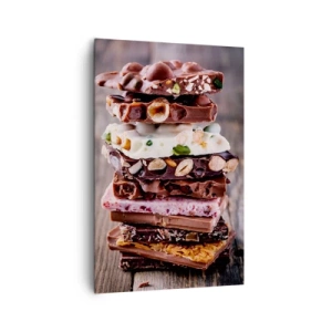 Obraz na płótnie - Apetyczna kompozycja warstw czekolady z orzechami, owocami i bakaliami na drewnianym tle - 80x120cm - Rozkoszna perspektywa - Nowoczesna dekoracja ścienna do salonu i sypialni ARTTOR