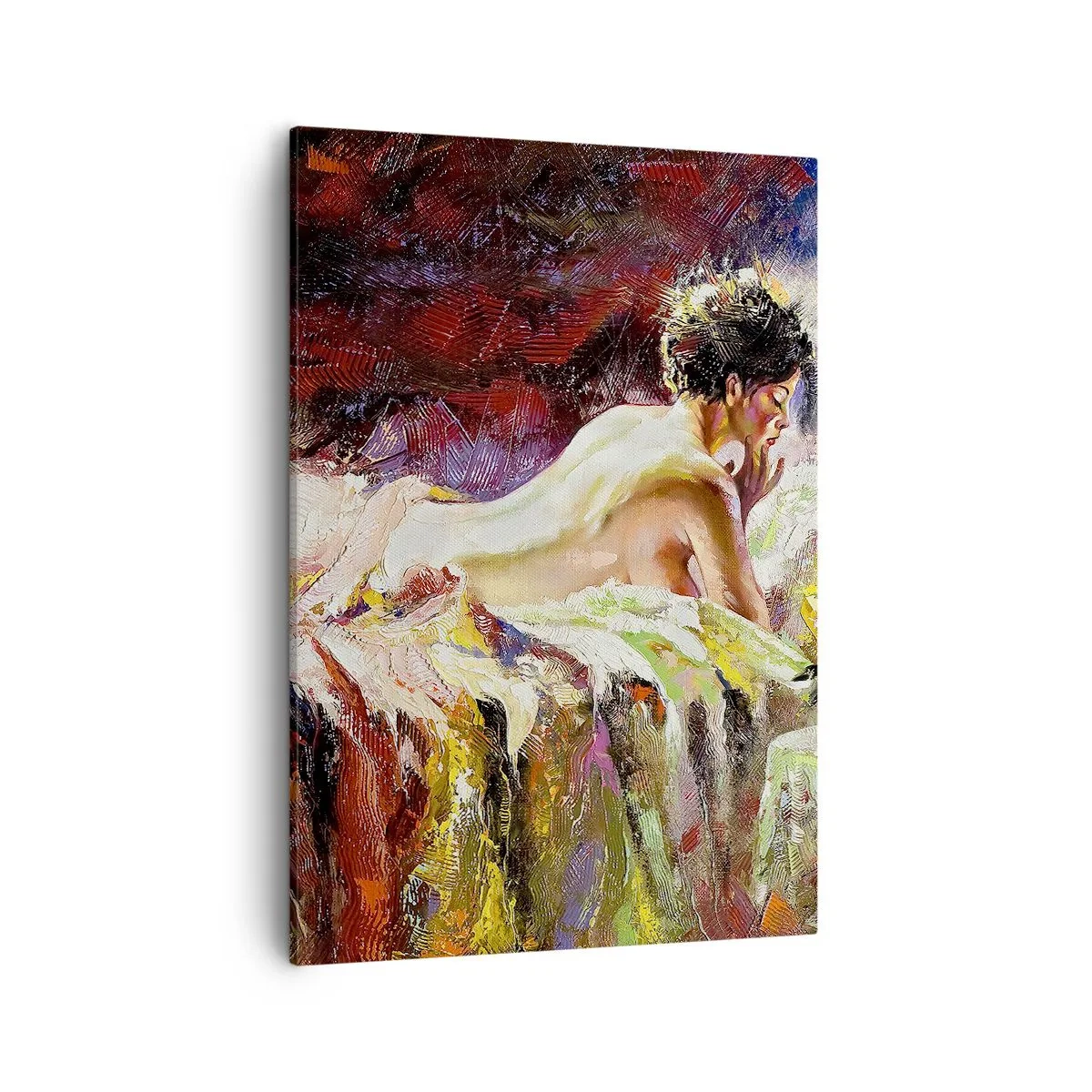 Obraz na płótnie - Impresjonistyczny akt kobiety na tle barwnej sceny - 50x70cm - Zamyślona Wenus - Nowoczesna dekoracja ścienna do salonu, kuchni i sypialni ARTTOR