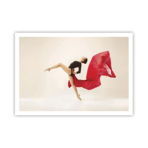 Plakat - Dynamiczna tancerka w czarnym stroju i czerwonej tkaninie w ruchu - 100x70cm - Czerwone i czarne - Nowoczesna dekoracja ścienna do salonu i sypialni ARTTOR