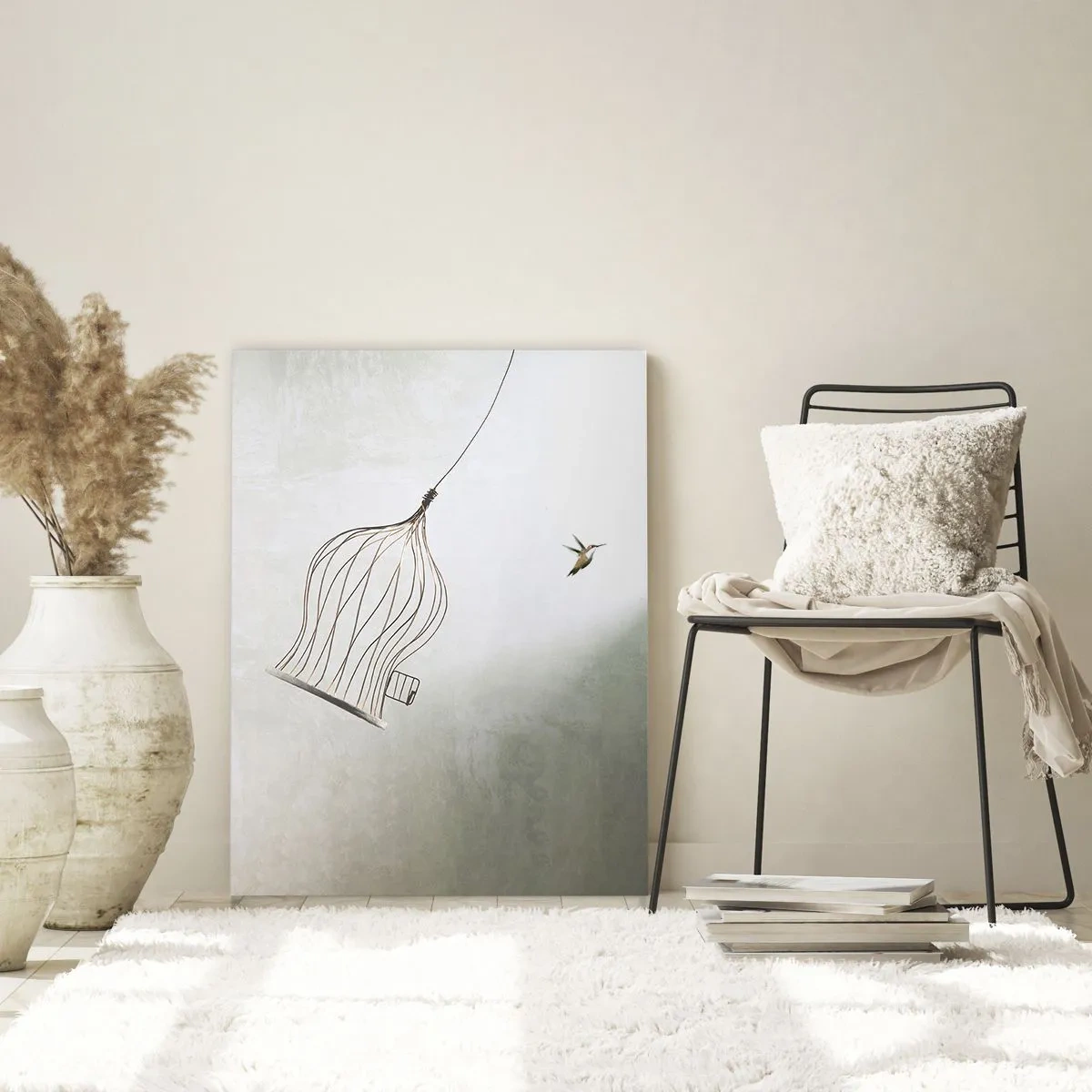 Obraz na szkle - Ptaszek uwolniony z klatki na tle jasnego nieba - 80x120cm - W swoim żywiole - Nowoczesna dekoracja ścienna do salonu i sypialni ARTTOR