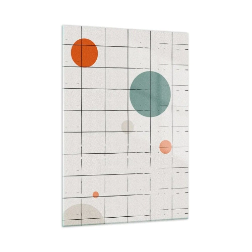 Obraz na szkle - Kolorowe koła na tle geometrycznej siatki z cienkich linii - 50x70cm - Uwięzione. My czy one? - Nowoczesna dekoracja ścienna do salonu, kuchni i sypialni ARTTOR