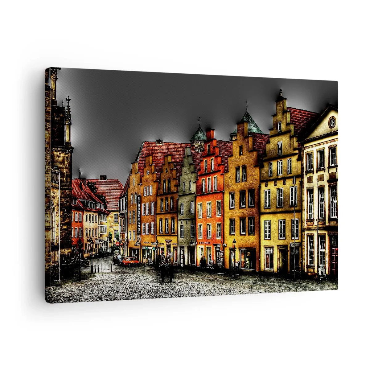Obraz na płótnie - Kolorowe kamienice przy brukowanej ulicy w zabytkowym mieście - 70x50cm - Brakuje tylko zaczarowanej dorożki - Nowoczesna dekoracja ścienna do salonu i sypialni ARTTOR