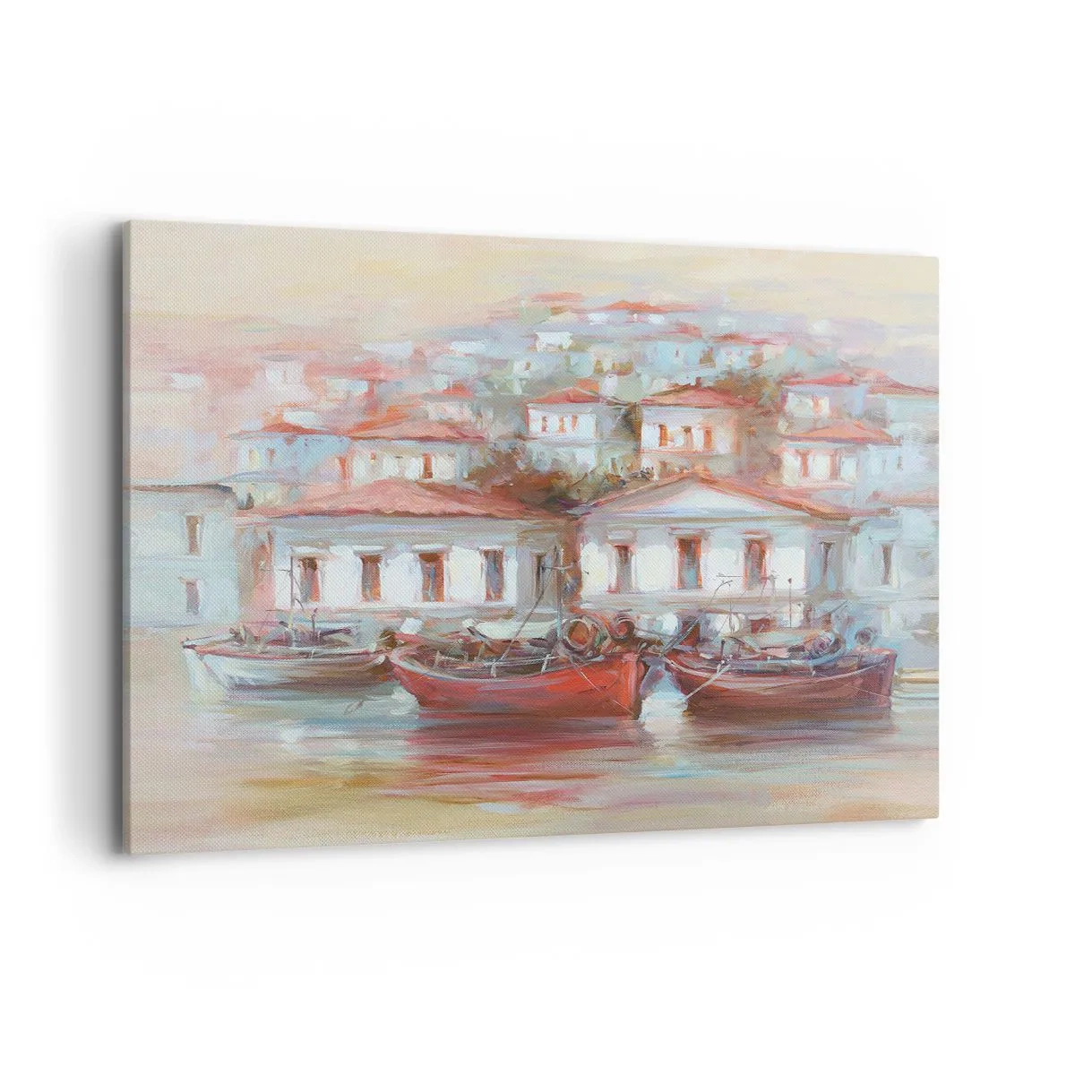 Obraz na płótnie - Kolorowe łodzie i malownicze budynki nad wodą w pastelowych barwach - 100x70cm - Szczęśliwe miasteczko - Nowoczesna dekoracja ścienna do salonu, kuchni i sypialni ARTTOR
