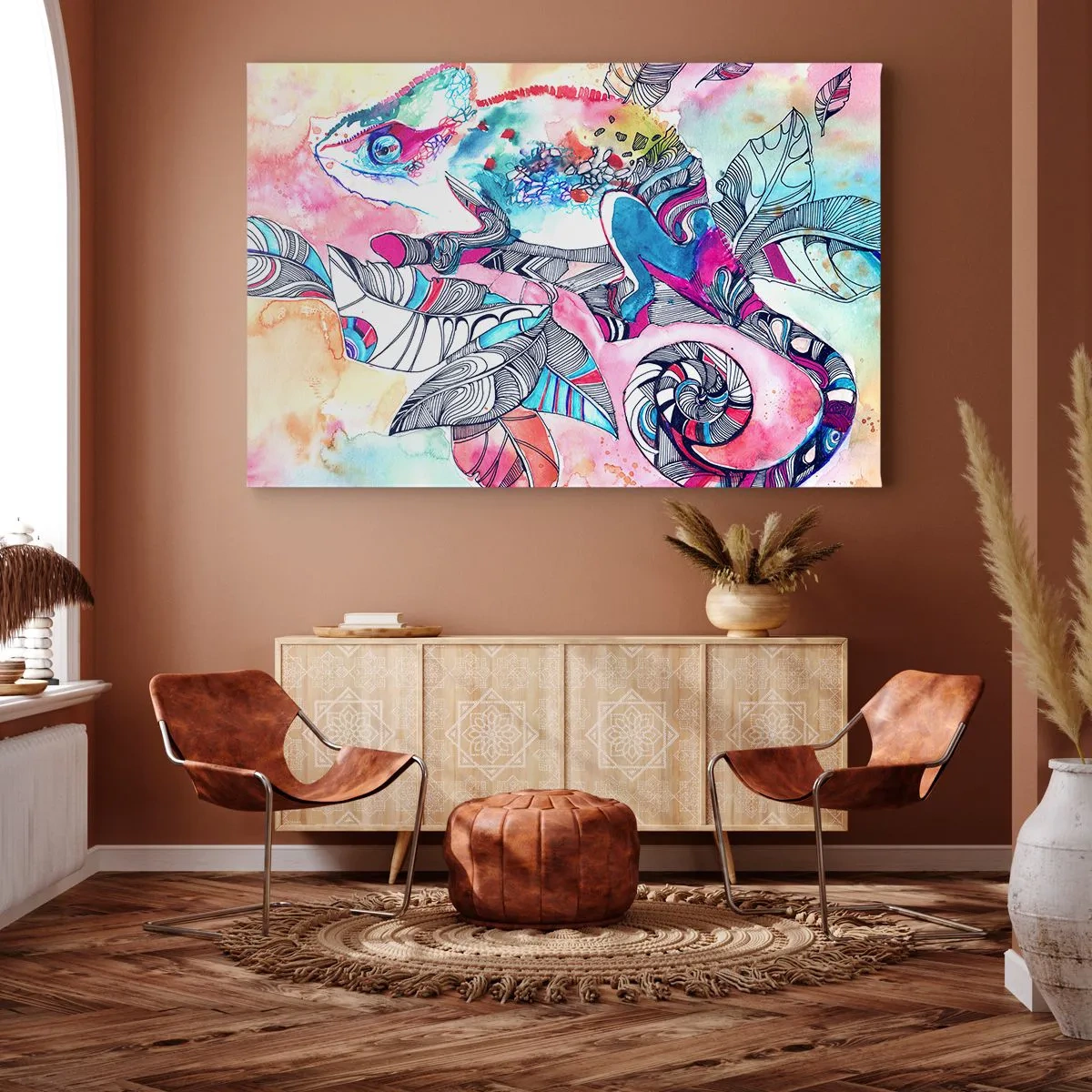 Obraz na płótnie - Kolorowy kameleon na tle abstrakcyjnych liści - 100x70cm - Kolorowy jak nasz świat - Nowoczesna dekoracja ścienna do salonu, kuchni i sypialni ARTTOR