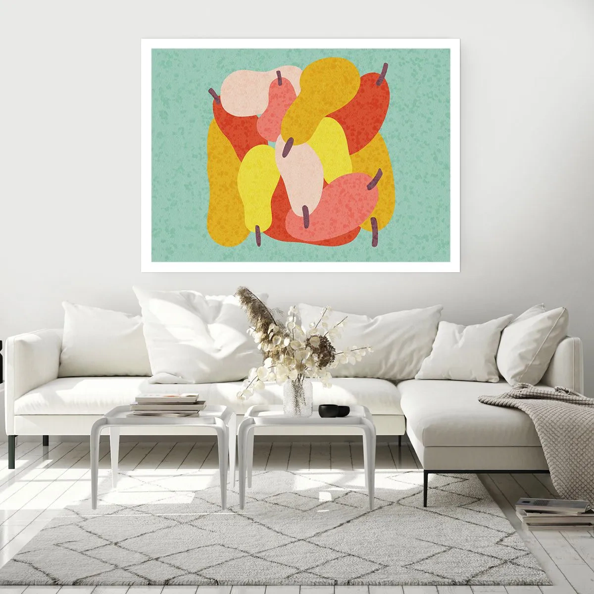 Plakat - Kolorowe abstrakcyjne gruszki na tle zielonym - 100x70cm - Spróbuj letniego słońca - Nowoczesna dekoracja ścienna do salonu i sypialni ARTTOR