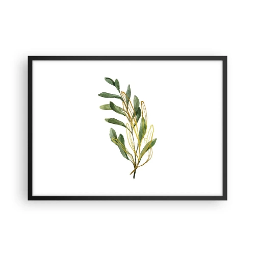 Plakat w czarnej ramie - Zielona gałązka z liśćmi na białym tle - 70x50cm - Wszystko co dobre - Nowoczesna dekoracja ścienna do salonu i sypialni ARTTOR