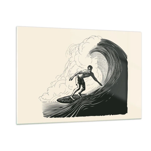 Obraz na szkle - Surfer na wysokiej fali w stylu retro rysunku - 120x80cm - Król fali - Nowoczesna dekoracja ścienna do salonu, kuchni i sypialni ARTTOR