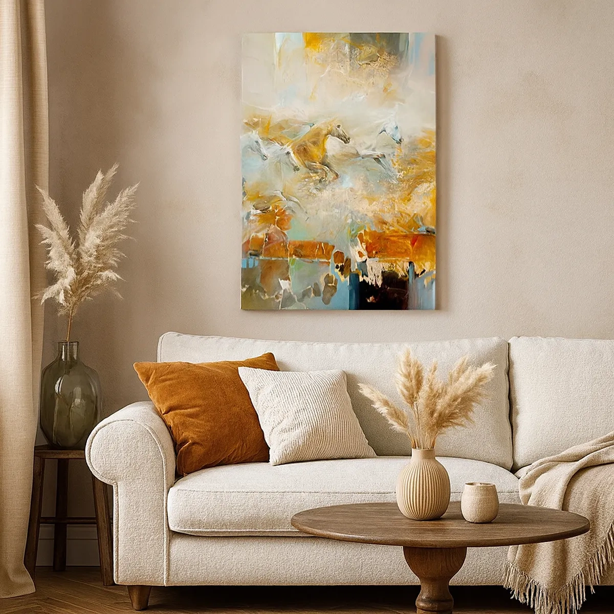 Obraz na płótnie - Abstrakcyjna kompozycja z galopującymi końmi w złotych odcieniach - 50x70cm - Galopem przez światło - Nowoczesna dekoracja ścienna do salonu, kuchni i sypialni ARTTOR