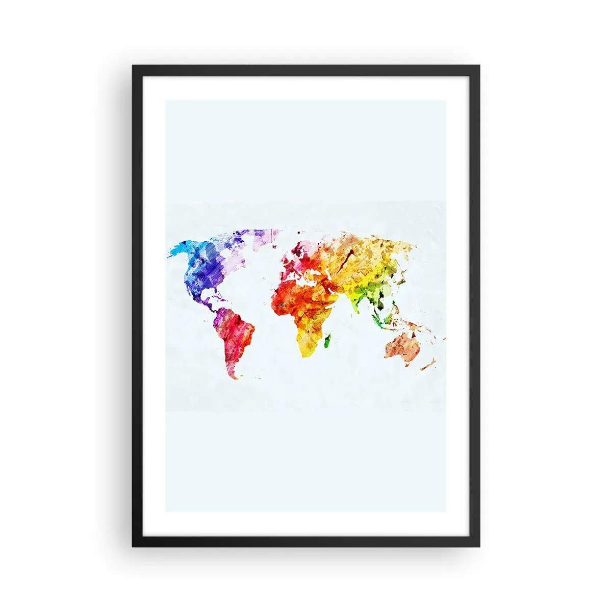 Plakat w czarnej ramie - Kolorowa mapa świata w stylu akwarelowym - 50x70cm - Wszystkie barwy świata - Nowoczesna dekoracja ścienna do salonu i sypialni ARTTOR