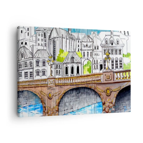 Obraz na płótnie - Rysunek mostu i zabytkowej architektury miejskiej - 70x50cm - Miasto jak malowane - Nowoczesna dekoracja ścienna do salonu i sypialni ARTTOR