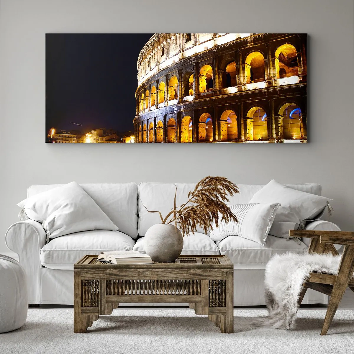 Obraz na płótnie - Koloseum nocą podświetlone światłami w Rzymie - 140x50cm - Igrzyska czas zacząć - Nowoczesna dekoracja ścienna do salonu i sypialni ARTTOR
