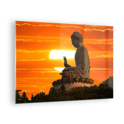 Obraz na szkle - Posąg Buddy na tle zachodzącego słońca - 70x50cm - Bez strachu przed światem - Nowoczesna dekoracja ścienna do salonu i sypialni ARTTOR