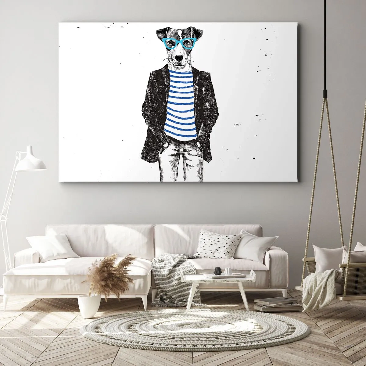 Obraz na płótnie - Portret psa w okularach i marynarskiej koszulce w humorystycznym stylu - 70x50cm - Na psa urok - Nowoczesna dekoracja ścienna do salonu i sypialni ARTTOR