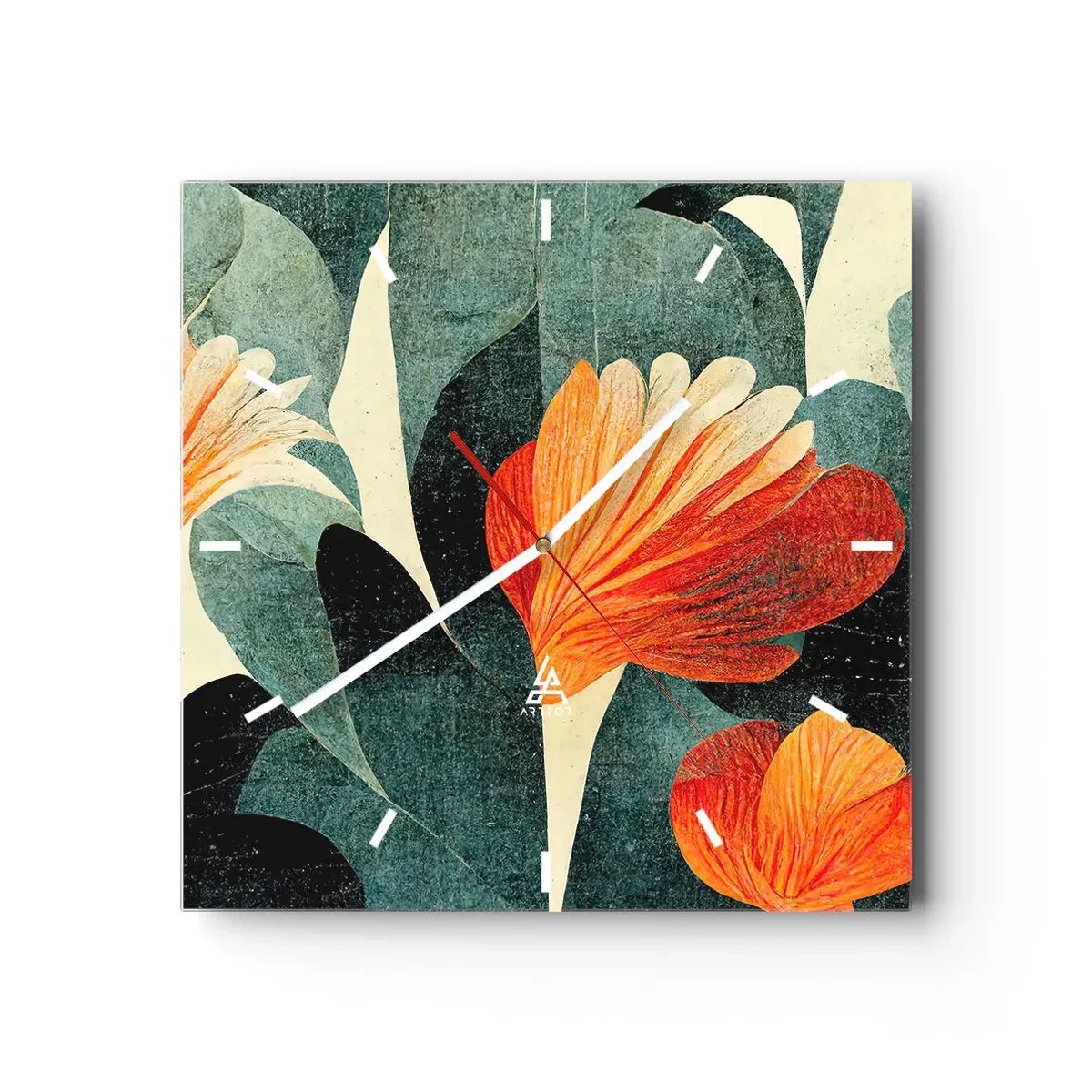 Zegar ścienny - Kwiaty w intensywnych odcieniach pomarańczu i zieleni - 30x30cm - Żar tropików i chłód zieleni - Nowoczesna dekoracja ścienna do salonu i sypialni ARTTOR