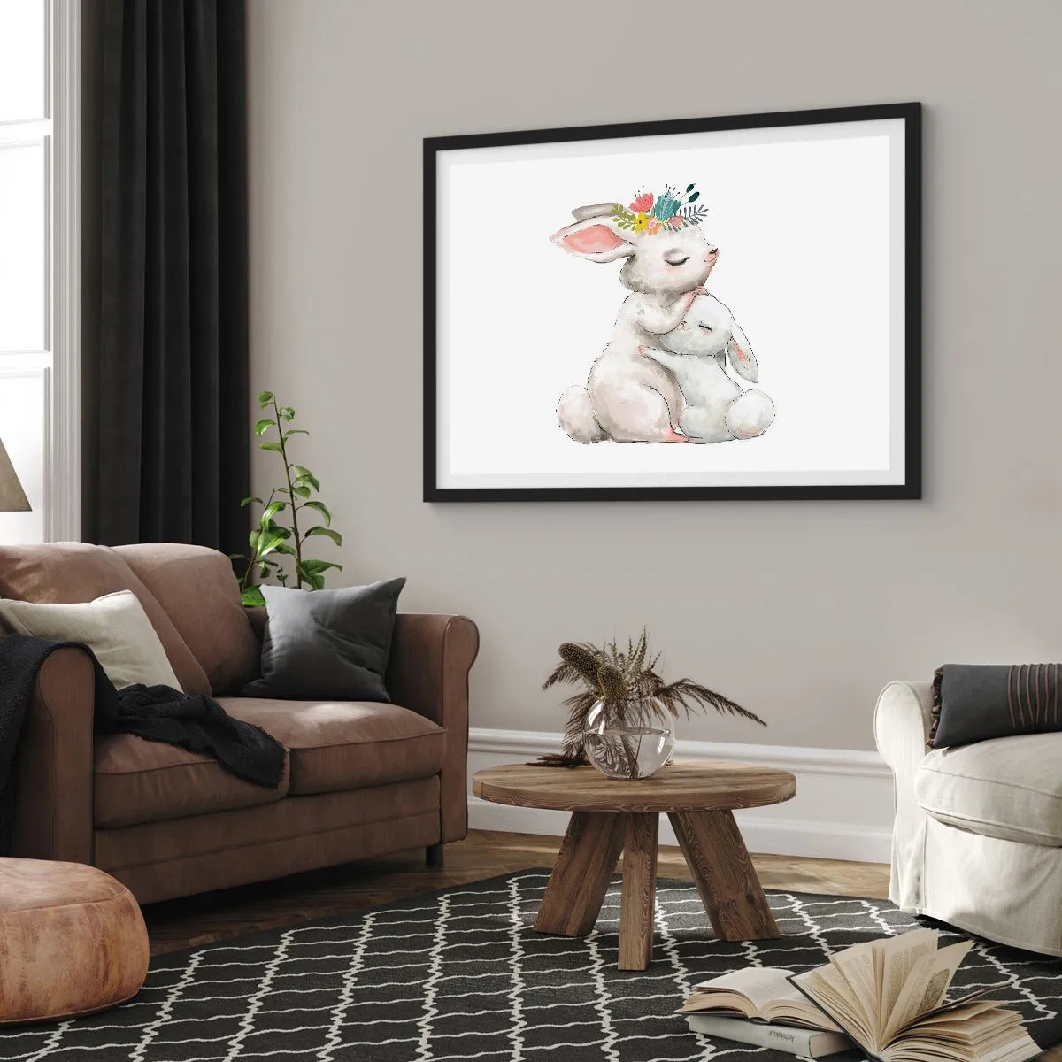 Plakat w czarnej ramie - Urocze króliki w pastelowych barwach - 100x70cm - Nie ma jak u mamy - Nowoczesna dekoracja ścienna do salonu i sypialni ARTTOR