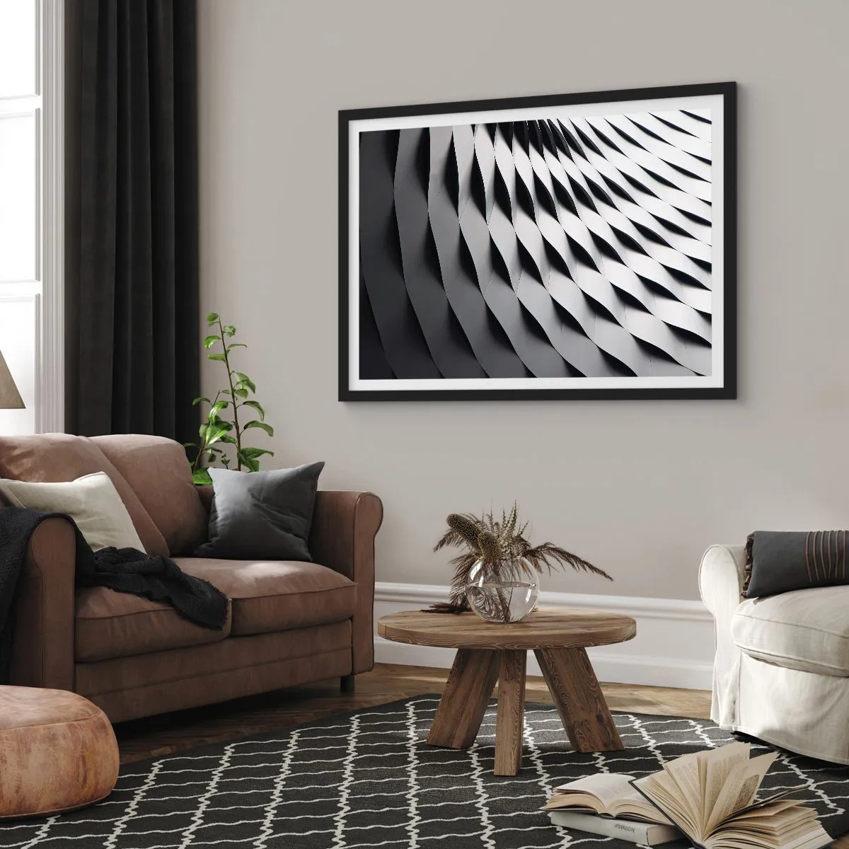 Plakat w czarnej ramie - Abstrakcyjny wzór geometryczny w odcieniach czerni i bieli - 70x50cm - Na powierzchni fal - Nowoczesna dekoracja ścienna do salonu i sypialni ARTTOR