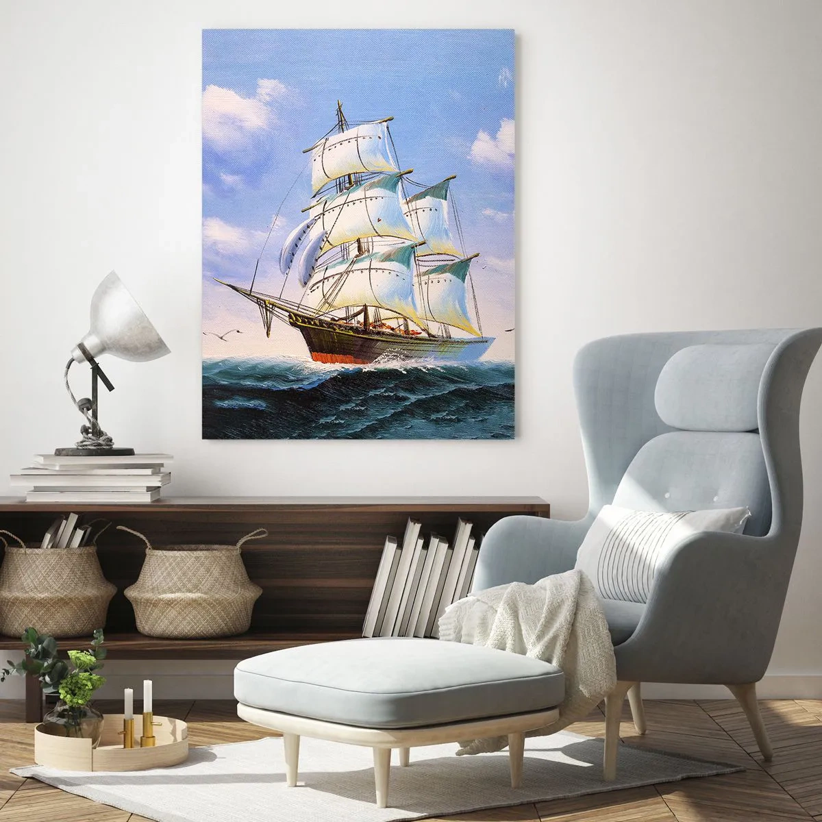 Obraz na szkle - Żaglowiec na pełnym morzu pod błękitnym niebem - 50x70cm - Dumnie z wiatrem - Nowoczesna dekoracja ścienna do salonu, kuchni i sypialni ARTTOR