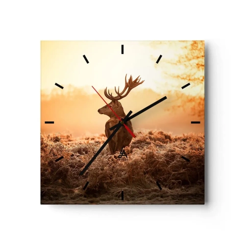 Zegar ścienny - Jeleń w promieniach wschodzącego słońca - 30x30cm - Pan na włościach - Nowoczesna dekoracja ścienna do salonu i sypialni ARTTOR