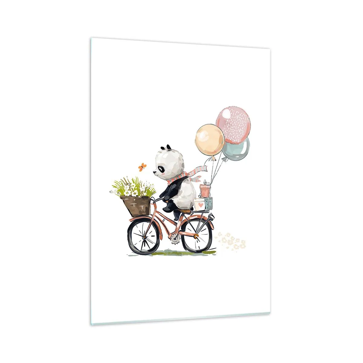 Obraz na szkle - Panda jadąca na rowerze z balonami i koszykiem kwiatów - 50x70cm - Szczęśliwy dzień - Nowoczesna dekoracja ścienna do salonu, kuchni i sypialni ARTTOR