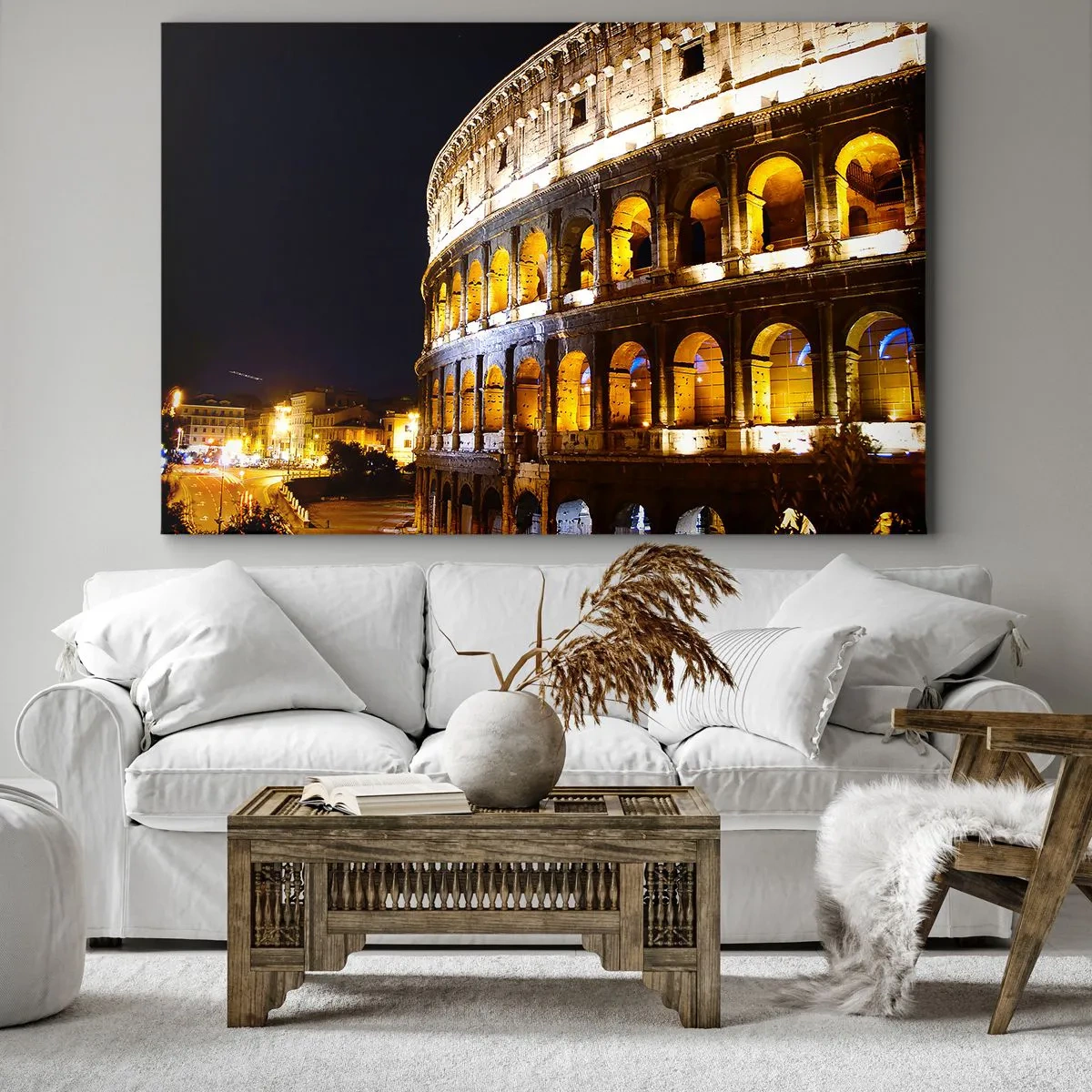 Obraz na płótnie - Koloseum nocą podświetlone światłami w Rzymie - 70x50cm - Igrzyska czas zacząć - Nowoczesna dekoracja ścienna do salonu i sypialni ARTTOR