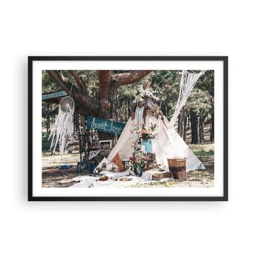 Plakat w czarnej ramie - Dekoracja boho z tipi w lesie - 70x50cm - Make love… - Nowoczesna dekoracja ścienna do salonu i sypialni ARTTOR