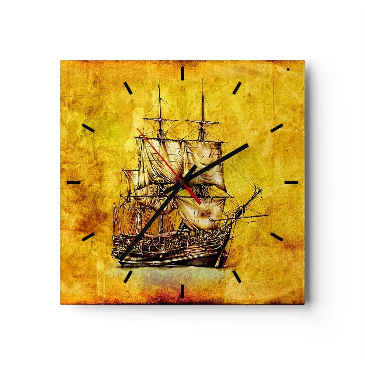 Zegar ścienny - Stylizowany rysunek żaglowca na złotym tle o vintage charakterze - 30x30cm - Kierunek Tortuga! - Nowoczesna dekoracja ścienna do salonu i sypialni ARTTOR