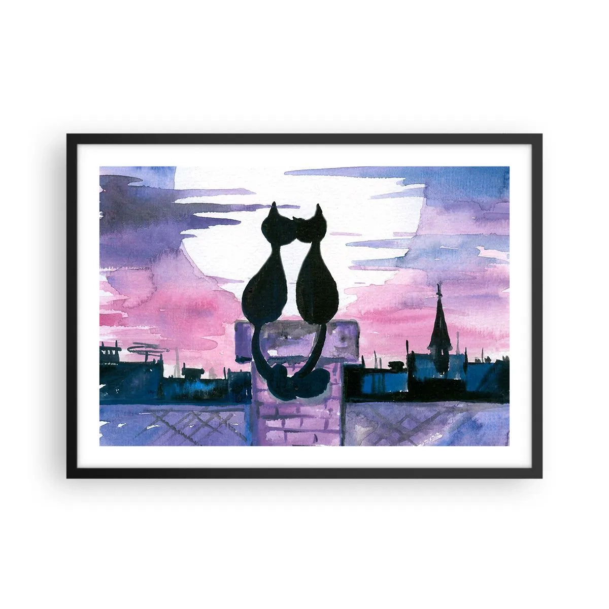 Plakat w czarnej ramie - Czarne koty na dachu w świetle księżyca w akwarelowej scenerii - 70x50cm - Rendez-vous pod księżycem - Nowoczesna dekoracja ścienna do salonu i sypialni ARTTOR