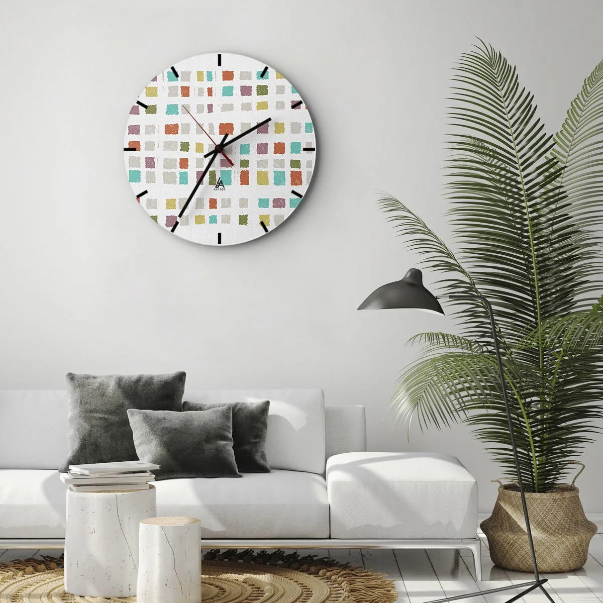 Zegar ścienny - Kolorowe kwadraty na białym tle w stylu abstrakcyjnym - 30x30cm - Nieznana gra - Nowoczesna dekoracja ścienna do salonu, kuchni i sypialni ARTTOR
