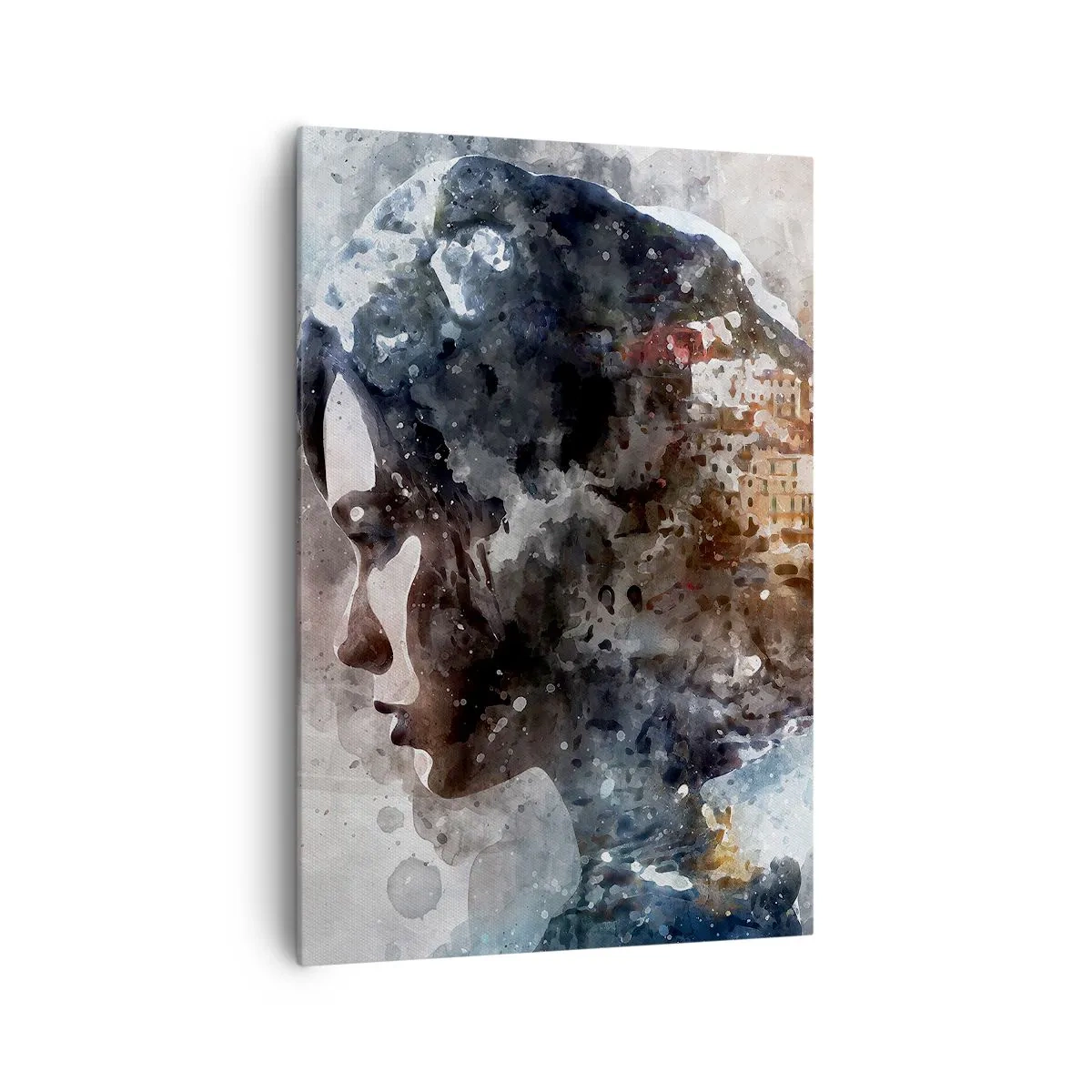 Obraz na płótnie - Portret kobiety łączący twarz z miejskim krajobrazem w tle - 70x100cm - Opowieść o dziewczynie z miastem w tle - Nowoczesna dekoracja ścienna do salonu i sypialni ARTTOR