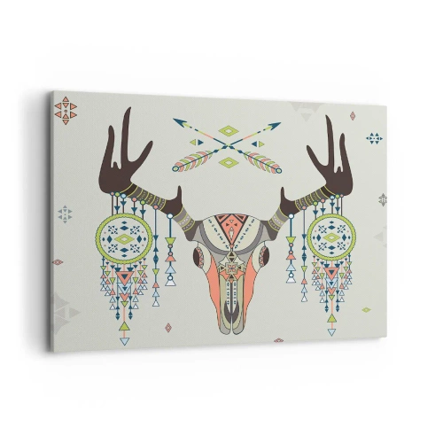 Obraz na płótnie - Boho dekoracja z czaszką jelenia i łapaczami snów - 100x70cm - Trofeum indiańskiego łowcy - Nowoczesna dekoracja ścienna do salonu, kuchni i sypialni ARTTOR