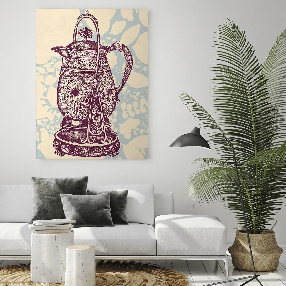 Obraz na szkle - Stylizowany dzbanek z ornamentami na tle kwiatowym - 80x120cm - Uroda codzienności - Nowoczesna dekoracja ścienna do salonu i sypialni ARTTOR