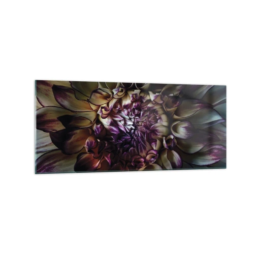 Obraz na szkle - Zbliżenie na kwiat dalii w ciemnych tonach - 120x50cm - Rozkwit młodości - Nowoczesna dekoracja ścienna do salonu i sypialni ARTTOR