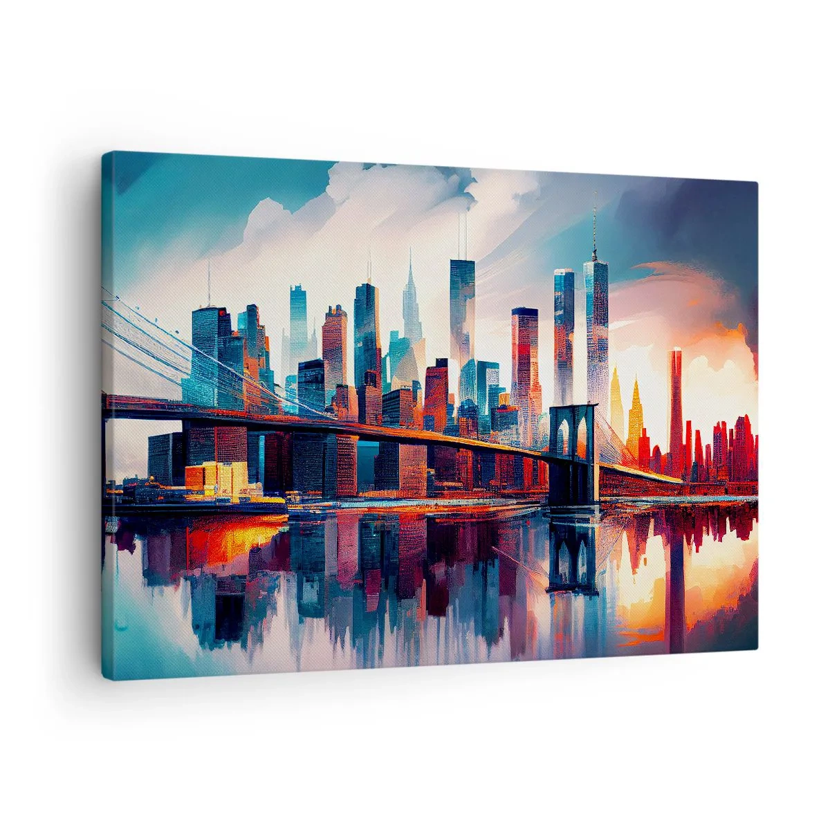 Obraz na płótnie - Panorama Nowego Jorku z mostem i odbiciem w wodzie - 70x50cm - Zjawiskowy Nowy Jork - Nowoczesna dekoracja ścienna do salonu i sypialni ARTTOR