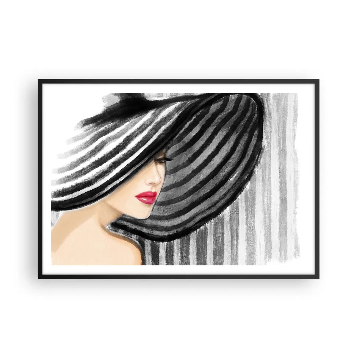 Plakat w czarnej ramie - Kobieta w kapeluszu w czarno-białym stylu z czerwonym akcentem - 100x70cm - Gdzie ciebie szukać? - Nowoczesna dekoracja ścienna do salonu i sypialni ARTTOR