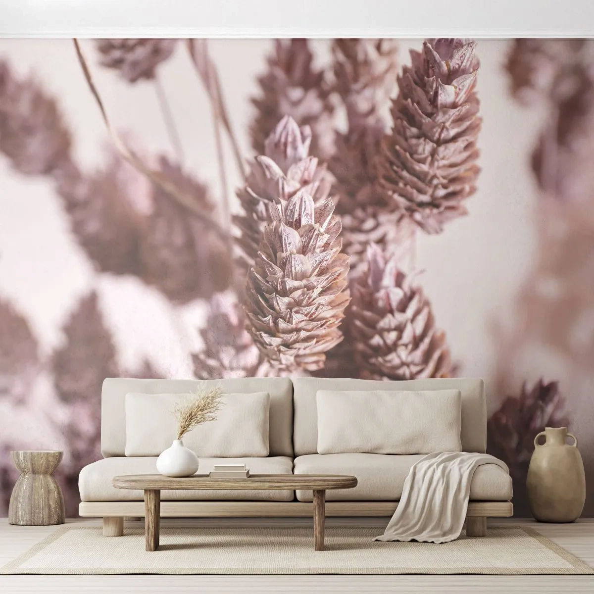 Fototapeta Premium Sand - Zbliżenie różowych kłosów traw na jasnym tle - 100x70cm - Z pozoru niepozorne - Nowoczesna dekoracja ścienna do salonu, kuchni i sypialni ARTTOR