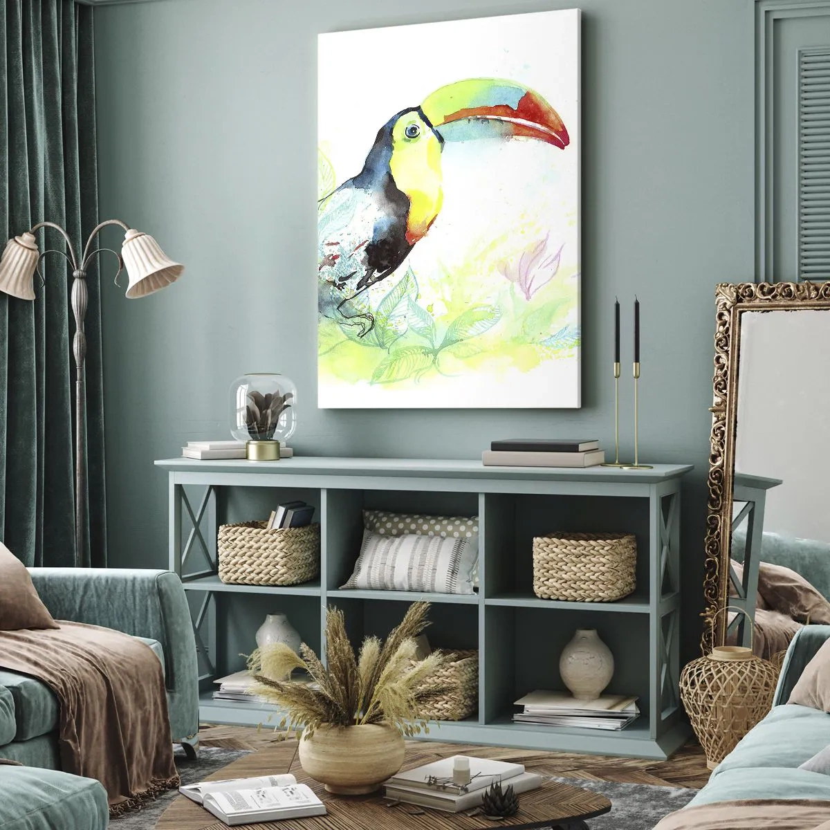 Obraz na płótnie - Tukan na tle tropikalnych roślin, malowany akwarelą w intensywnych kolorach - 50x70cm - Barwny jak Ameryka Południowa - Nowoczesna dekoracja ścienna do salonu, kuchni i sypialni ARTTOR