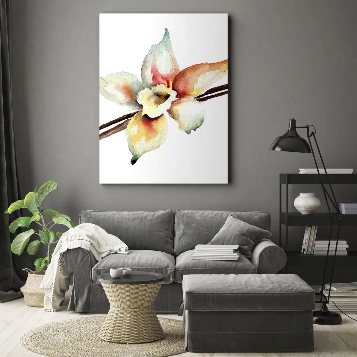Obraz na płótnie - Akwarelowa ilustracja delikatnego kwiatu na gałązce - 50x70cm - Rozlana farbką słodycz - Nowoczesna dekoracja ścienna do salonu, kuchni i sypialni ARTTOR