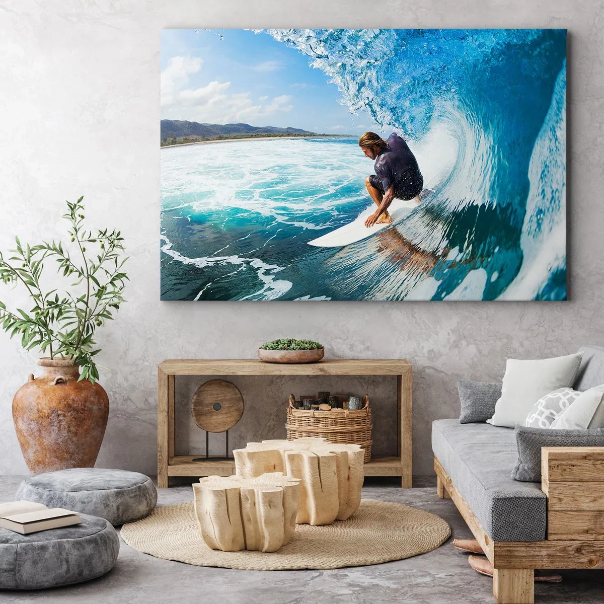 Obraz na płótnie - Surfer w dynamicznej pozie na fali w turkusowej wodzie - 120x80cm - Tańczący z falami - Nowoczesna dekoracja ścienna do salonu, kuchni i sypialni ARTTOR
